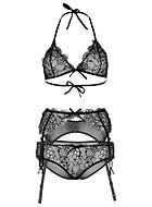 Seductive lingerie set, rhinestones, eyelash lace, garter belt